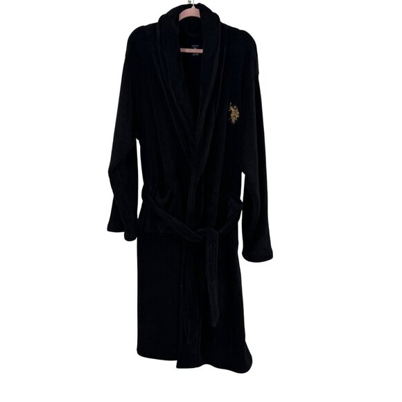 U.S. Polo Assn. Mens Black Plush Robe L/XL With Embroidered Logo - Picture 1 of 8